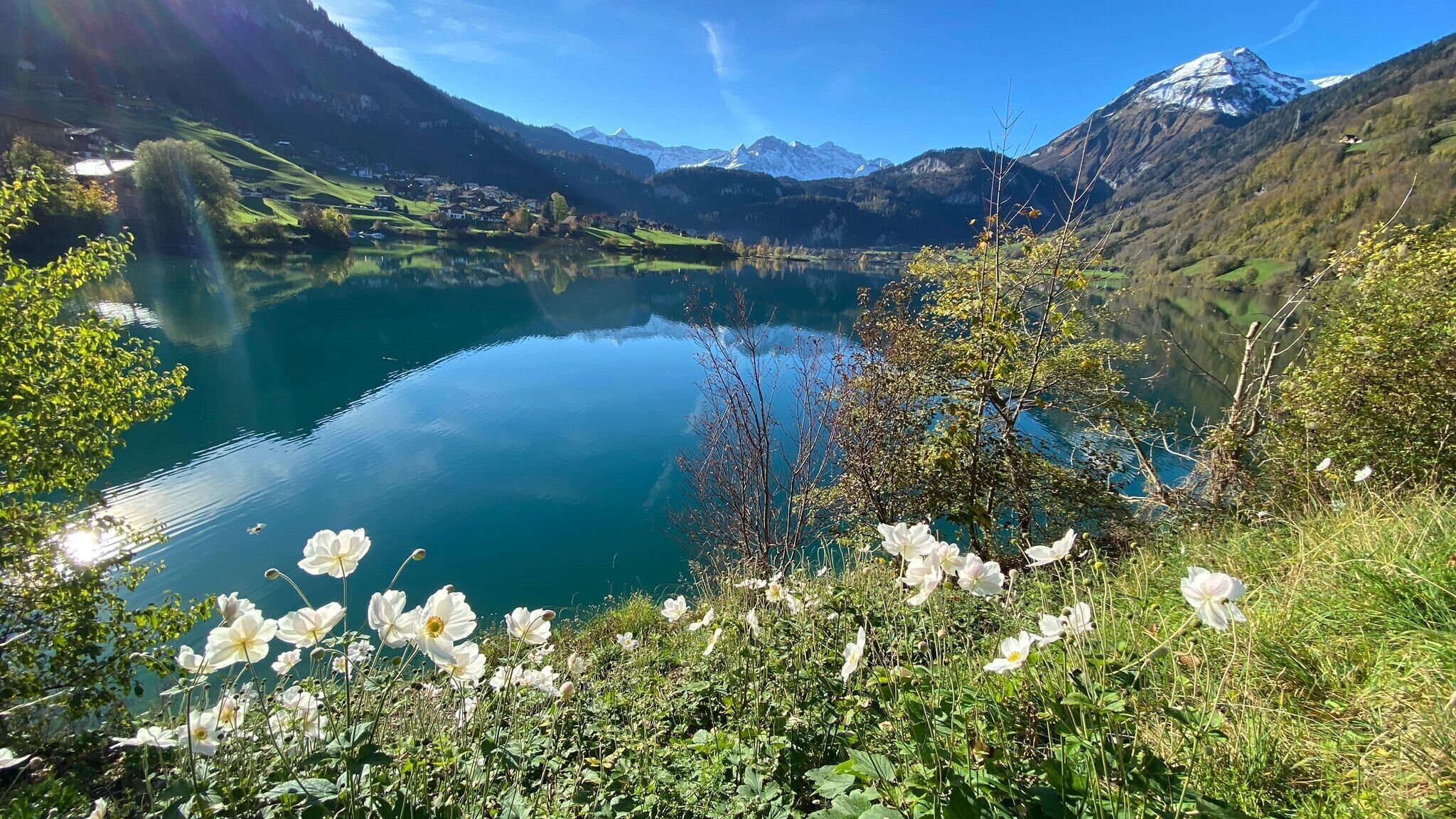 Um lago tranquilo rodeado por montanhas e vegetação exuberante.
