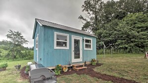 A small, single-story blue house with a white door and windows, surrounded by a garden with potted plants and a barbecue grill. - Blue Ridge Nature Lovers retreat (Callaway)