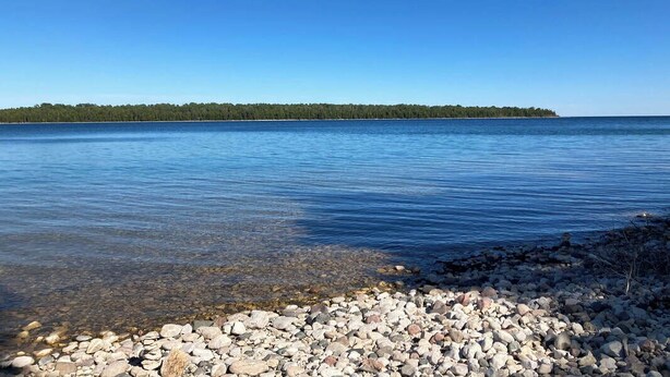 Klarer Blick auf einen See mit steiniger Uferlinie und einer bewaldeten Insel in der Ferne.