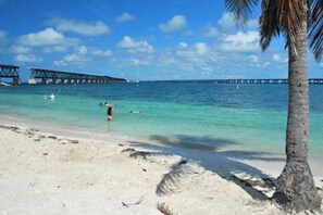 A beach with clear turquoise water, a palm tree, and a pier in the background. - Canal Front with 30' Dock! Tiki Hut with TV, Bikes, Kayaks, Paddleboards, Beach! (Marathon)