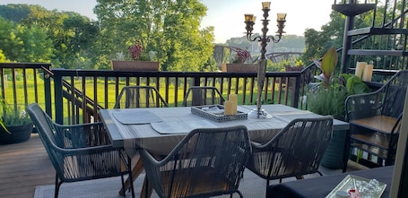 Outdoor dining. Majestic Lander Stewart Mansion on the Delaware Top Floor Apt