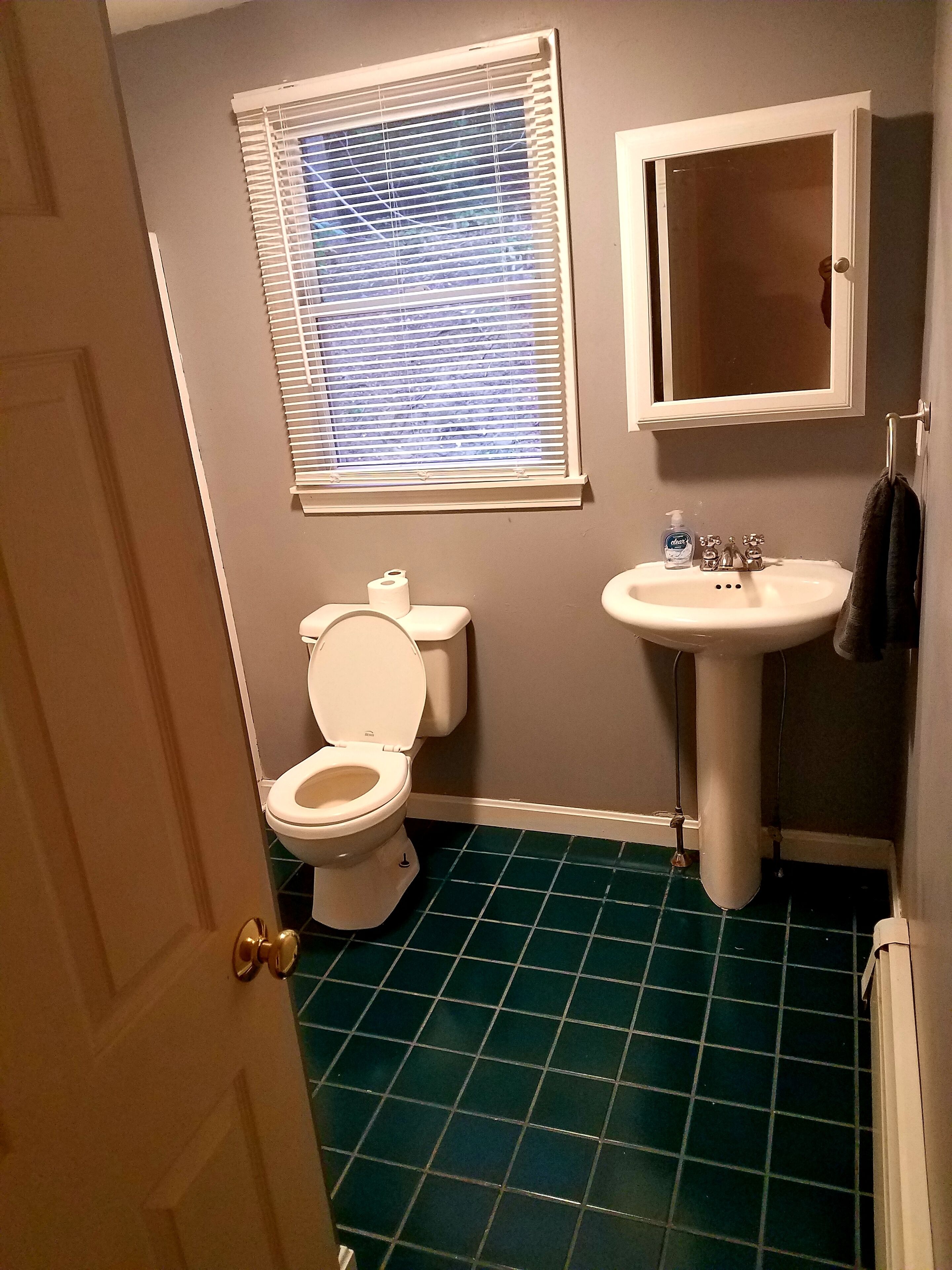 Een badkamer met toilet, wastafel en raam met zonwering.