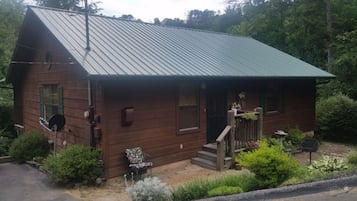 Situated in a lush environment, this cabin features a front porch with steps and a garden area with various plants.