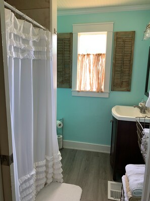 Ensemble baignoire-douche, séchoir à cheveux, serviettes fournies, savon