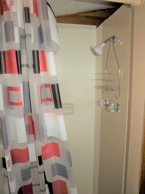 Shower, towels, soap, toilet paper