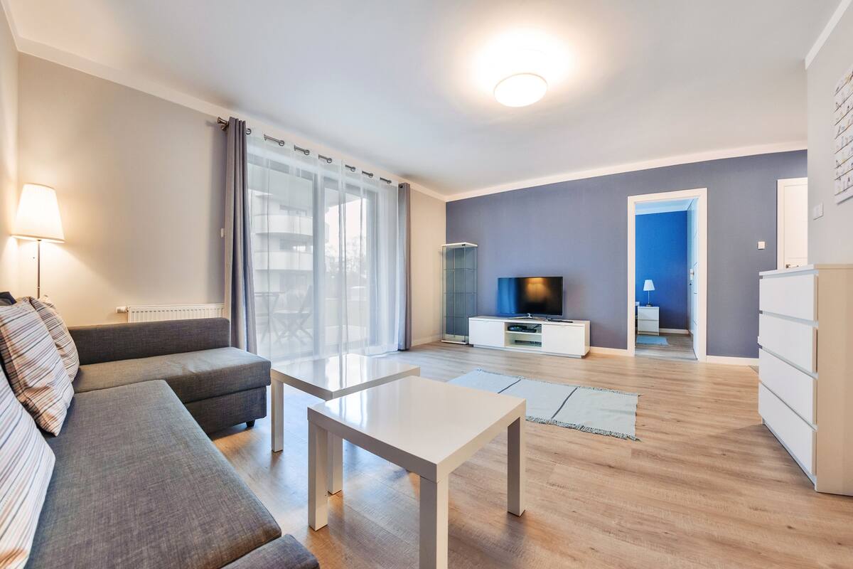 A modern living room with a grey sofa, a white coffee table, a TV on a white stand, and a blue accent wall.