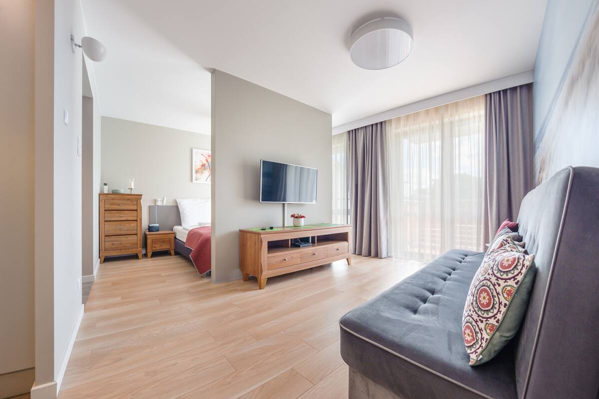 A modern living room with a sofa, a TV, a wooden cabinet, and a bed in the background.