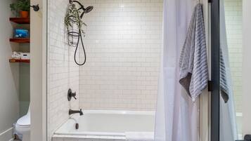 Combined shower/bathtub, hair dryer