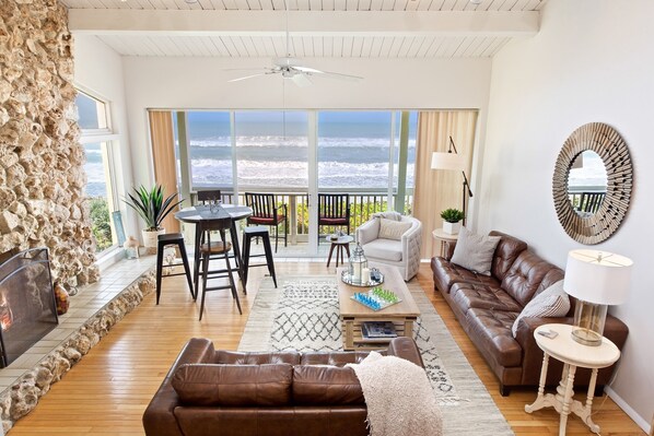 Smart TV, fireplace, books