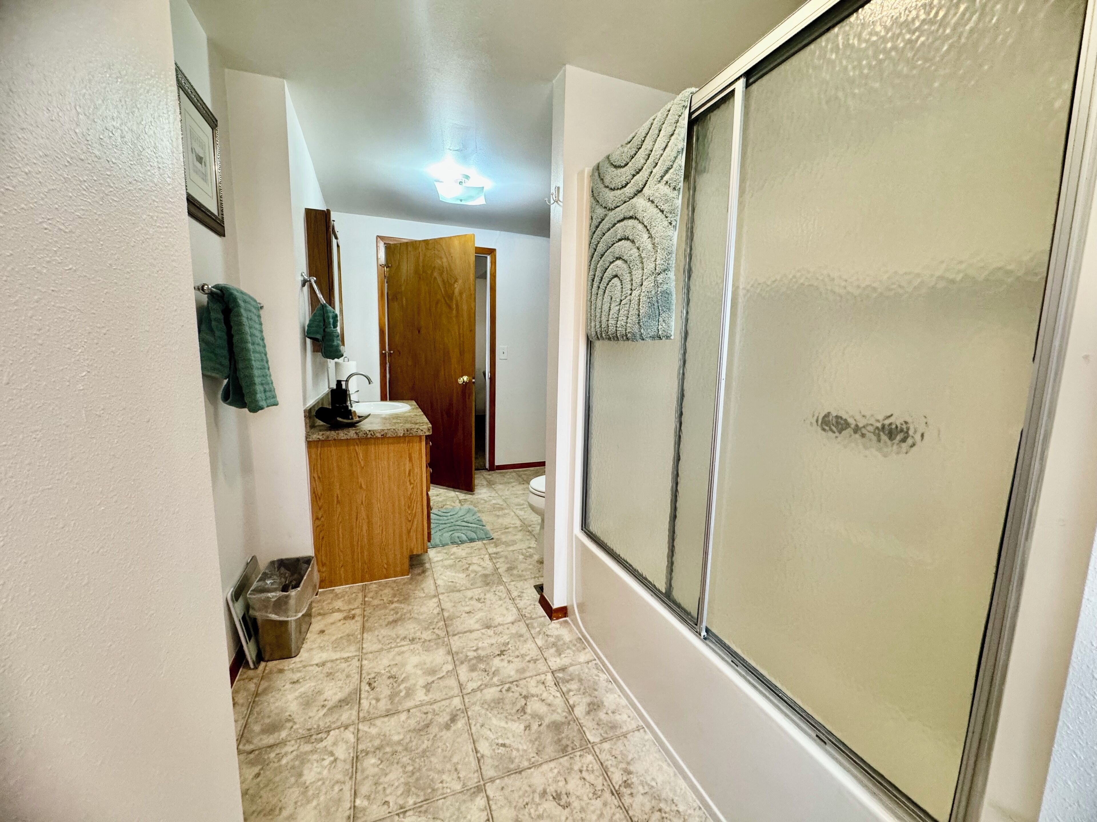 Combined shower/bathtub, hair dryer, towels, soap
