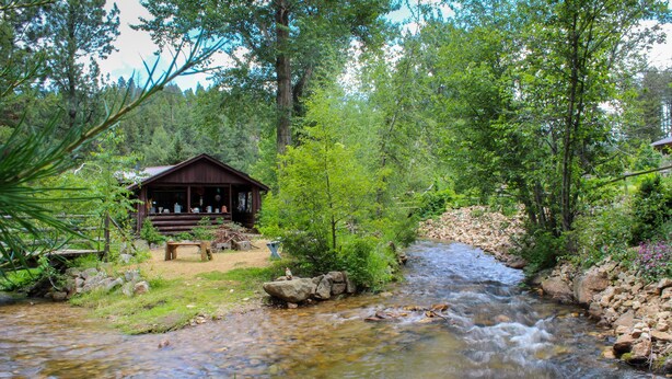 Une cabane au bord d’un ruisseau aux eaux claires, entourée d’arbres.