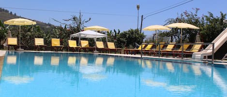 Seasonal outdoor pool, open 8:00 AM to 7:00 PM, pool umbrellas