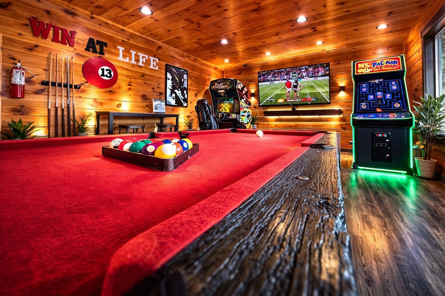 Una mesa de billar con superficie de fieltro rojo, tacos, bolas, un televisor mostrando un evento deportivo y una máquina arcade de Pac-Man.
