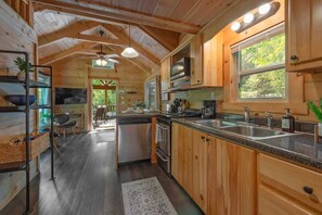 Frigorífico, microondas, horno y placa de cocina