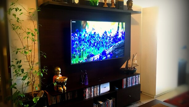 Un salon avec un téléviseur à écran plat posé sur un meuble en bois, entouré de livres et d’objets décoratifs.