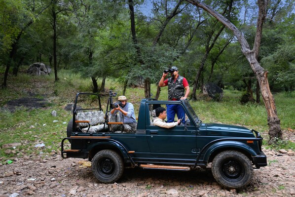 A rugged off-road vehicle parked on a rocky path in a forested area.
