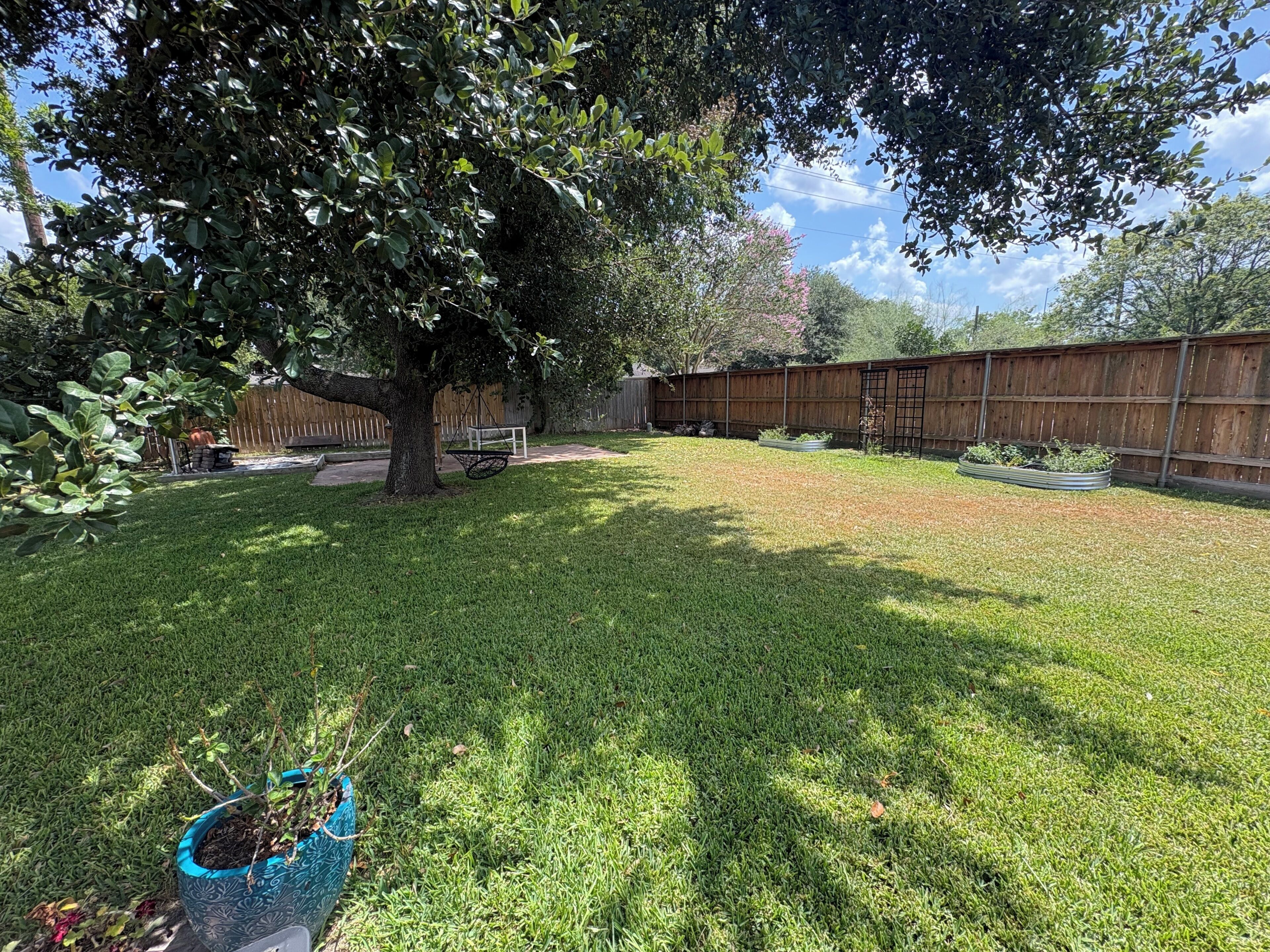 A backyard with a tree, a swing, a wooden fence, and a garden bed.