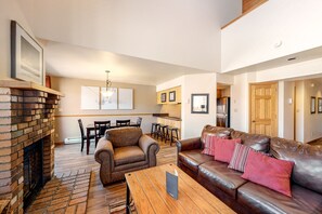 TV, fireplace, books