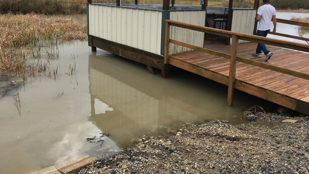 A wooden dock extending over a body of water, leading to a small shelter with a metal roof.