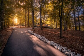A paved pathway flanked by trees with a cabin in the background. - Overlook at Lake Burton - Beautiful views of Lake (Clarkesville)