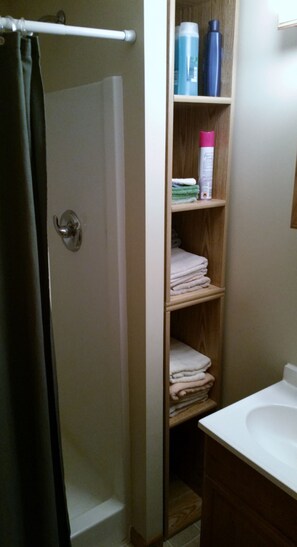Een douche, handdoeken, toiletpapier
