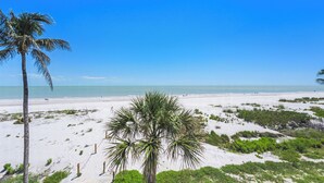 Ein Strand mit weißem Sand, einer Palme und dem Meer im Hintergrund.