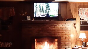 A cozy living room with a brick fireplace, a television mounted above it, and a small table with a lamp. - Welcome to Owls Nest Cabin NC!<br><br>Close to Wineries, waterfalls, antique shops etc (Otto)