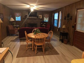 TV, fireplace, DVD player, books