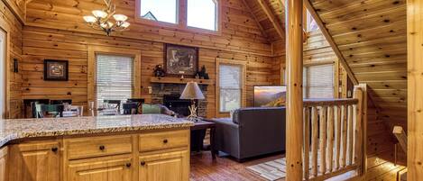 LCD TV, fireplace, video games, DVD player