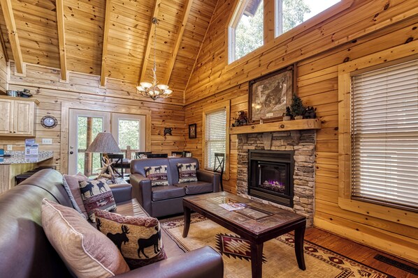 LCD TV, fireplace, video games, DVD player