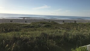A beach with a grassy foreground and a clear view of the ocean. - Amazing one bedroom direct ocean front condo with beautiful view of the ocean! (COCOA BEACH)