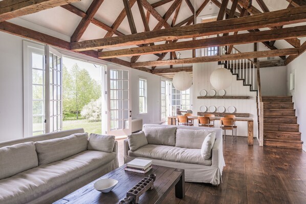 TV, fireplace, books