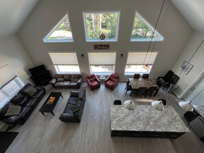 TV, fireplace, books