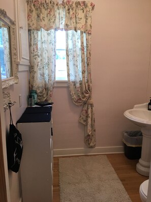 A bathroom with a white sink, a mirror with an ornate frame, a wooden floor, and a window with floral curtains. - The Corn Palace Cottage - Great Location (Mitchell)