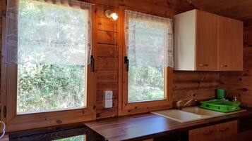 Cocina de cabaña de madera con dos ventanas grandes, una estufa, un fregadero y armarios de madera.