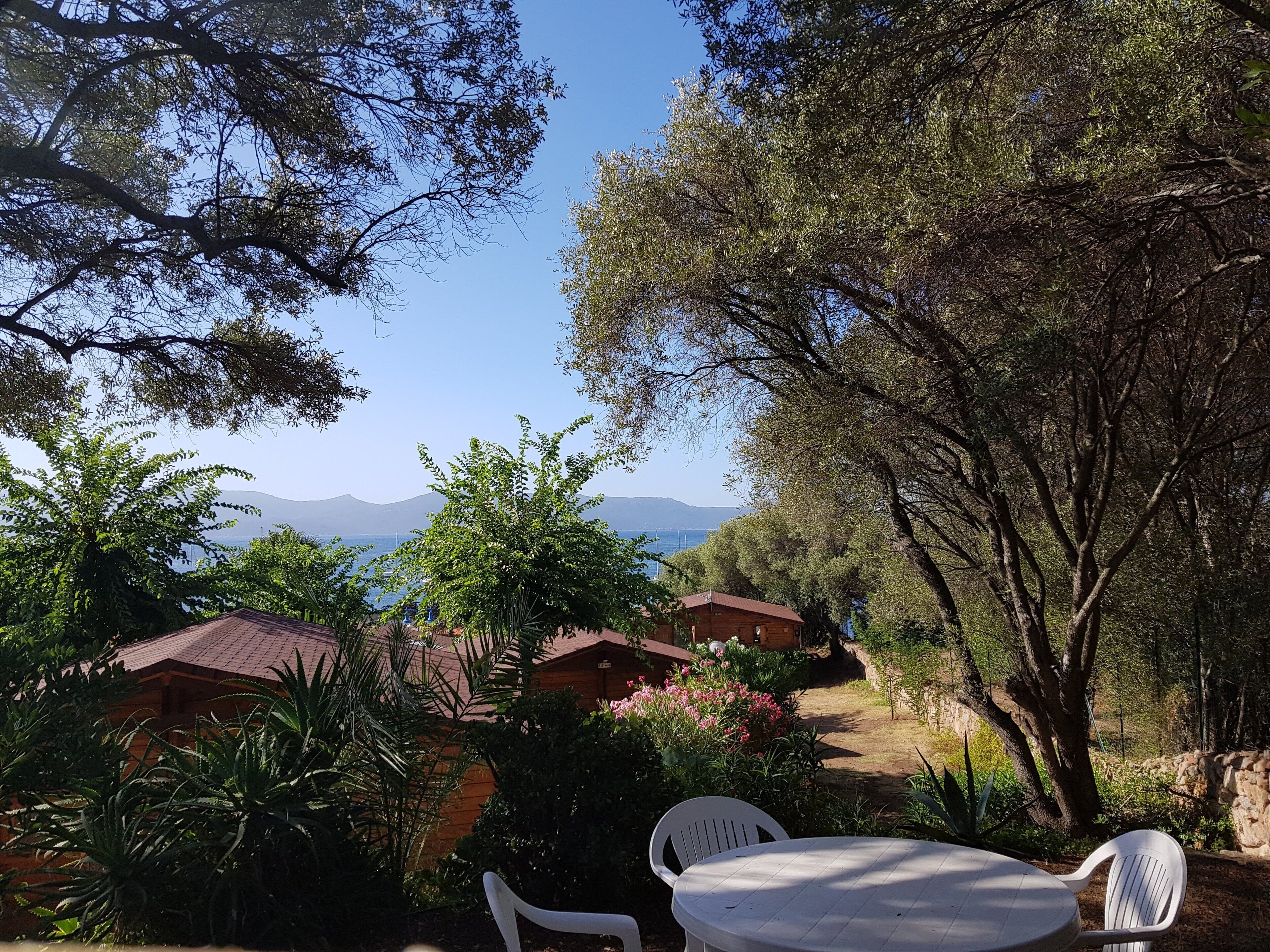 Un patio con mesa y sillas, rodeado de árboles y vistas al mar y a las montañas.