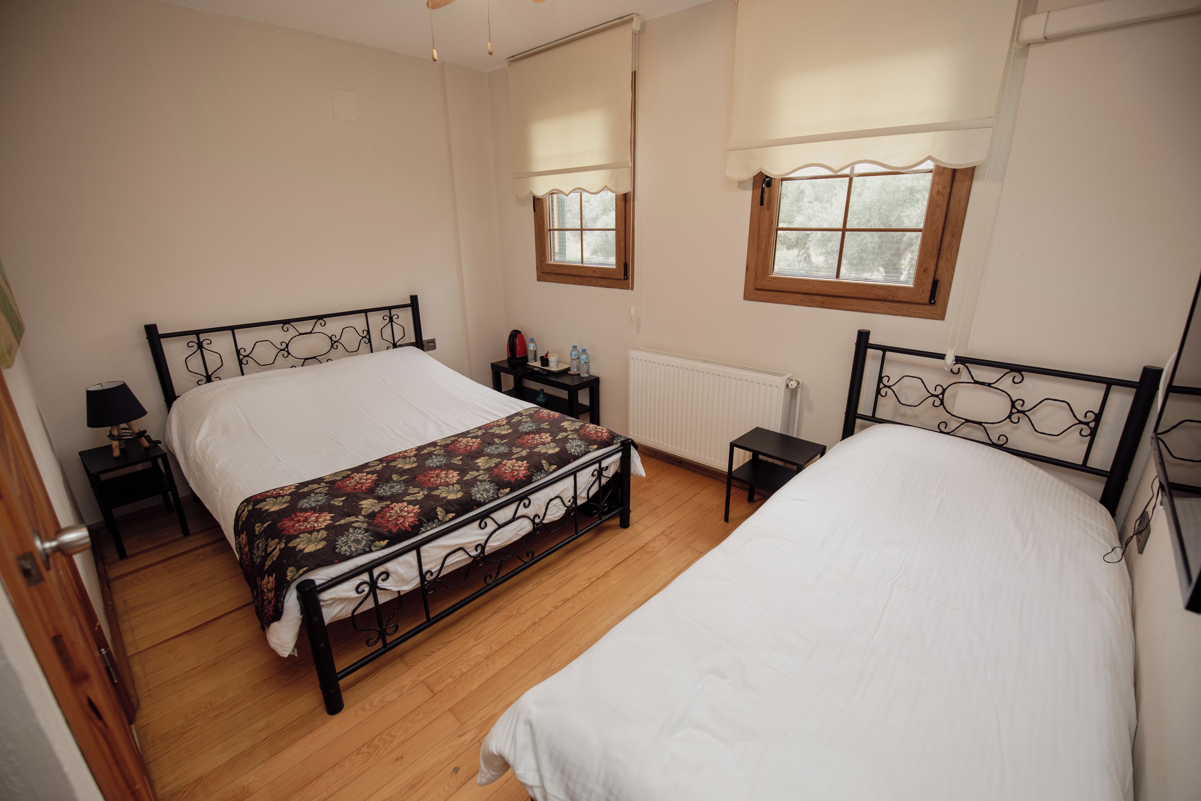 A bedroom with two beds, a nightstand, a dresser, and a window with a view.