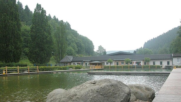 A traditional Japanese-style building with a wooden deck and a pond. - Pension Allebrodt (Lennestadt)