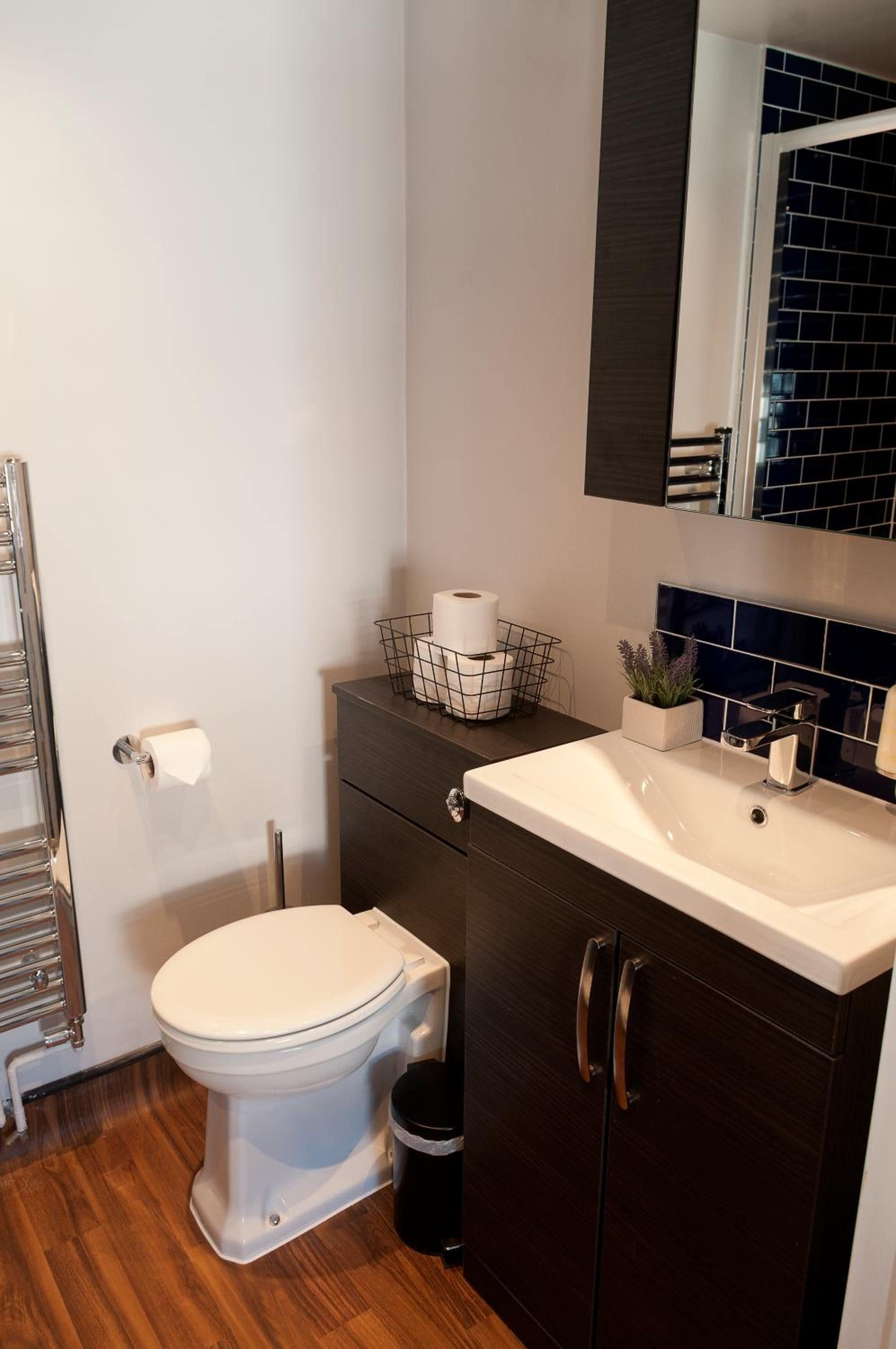 A modern bathroom with a toilet, a sink, and a mirror.