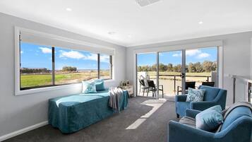 Televisio, takka, DVD-soitin, työhuone