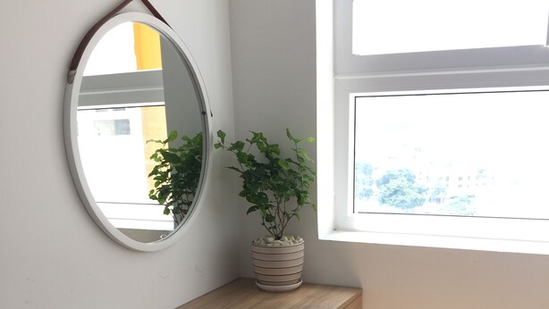 A wooden desk with a white chair, a potted plant, and a mirror on the wall. - Friendly host looking for polite guests (Tp. Vũng Tàu)