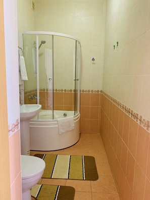 Shower, free toiletries, hair dryer, towels