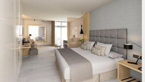 A modern hotel room with a large bed, a desk, and a seating area. - HL Hotel Rondo (San Bartolomé de Tirajana)