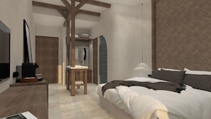 Un dormitorio moderno con una cama, un escritorio y un armario.