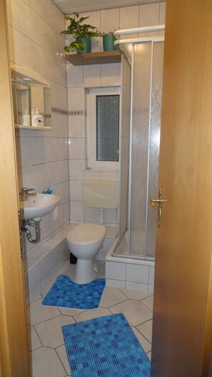 A small bathroom with a toilet, sink, and shower. There are two blue mats on the floor. - Zimmervermietung Lösken 2 (Duisburg)