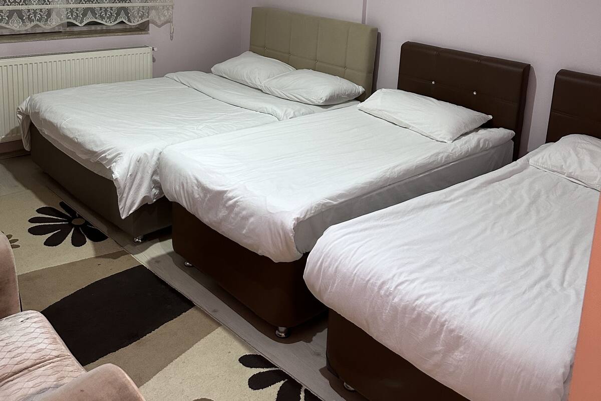 Un dormitorio con dos camas, un radiador, una ventana con cortinas estampadas y una alfombra con diseño floral.