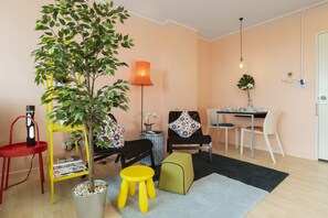 TV, fireplace, video library