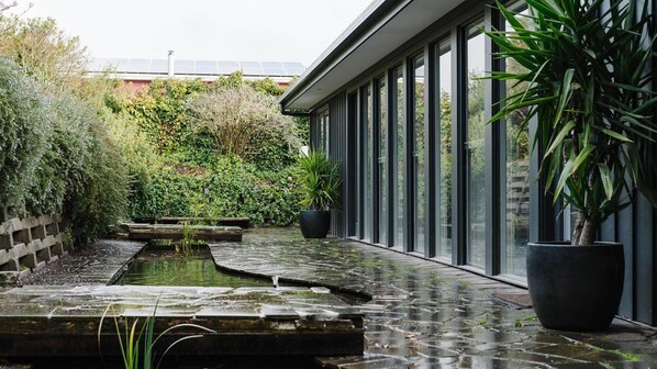 A modern building with a water feature, glass walls, and lush greenery.