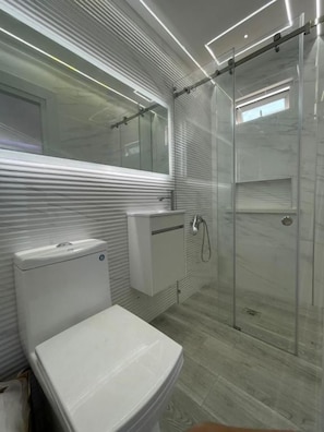 A modern bathroom with a toilet, sink, and glass shower enclosure. - Alegría Hostal (Santiago de los Caballeros)