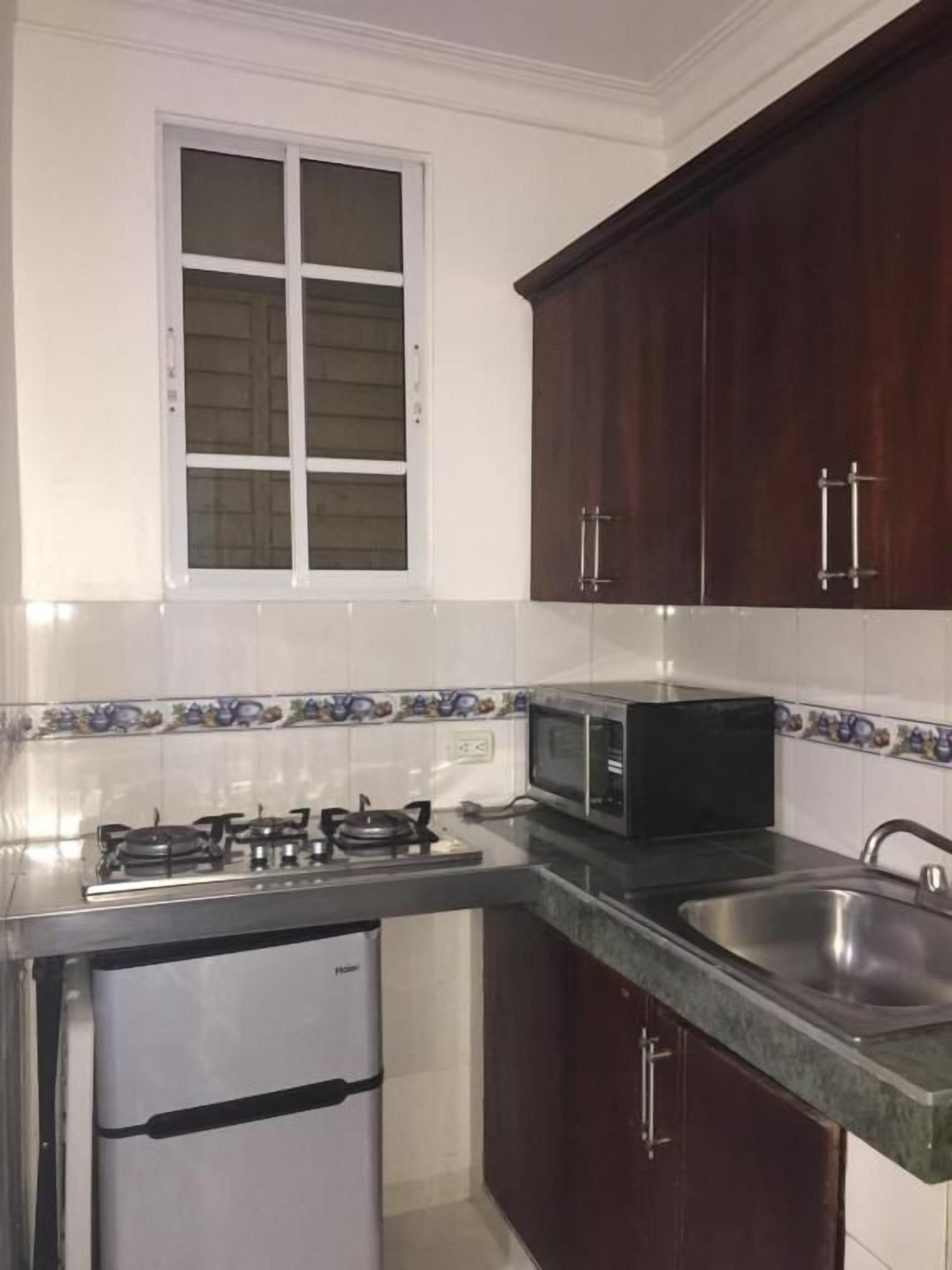 Cocina compacta con estufa a gas, microondas, fregadero y un refrigerador pequeño.